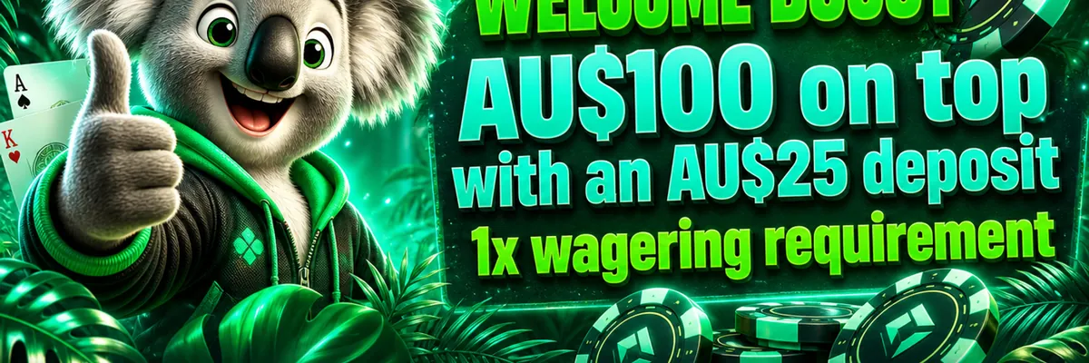 Kev the cheerful koala gives a thumbs-up beside oversized glowing poker chips in a dark tropical jungle, with a bold Fair Go welcome bonus message and bright green CTA button.